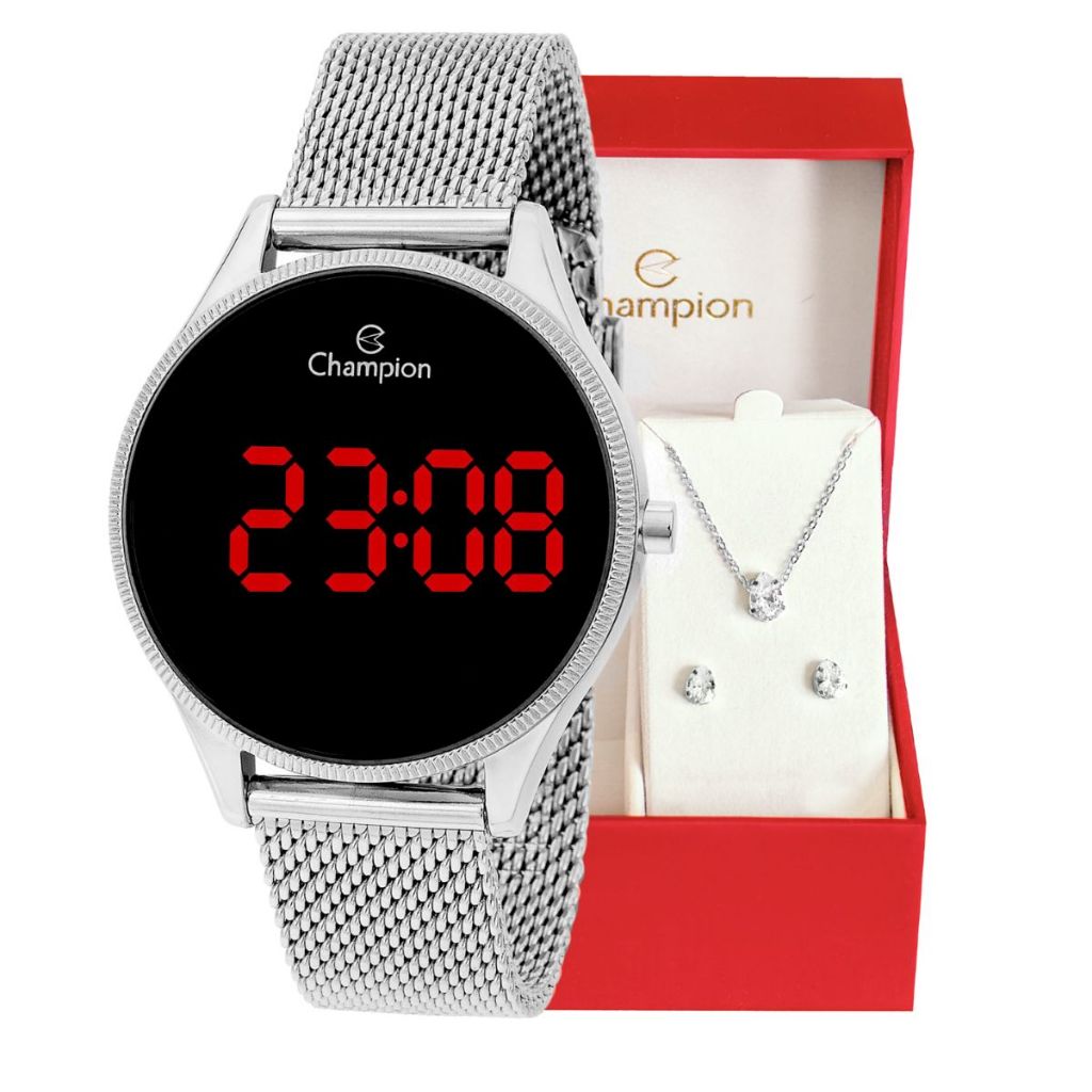 Relógio Champion Feminino Digital Dourado Pulseira Mesh + Kit Colar e Brincos Original À Prova D'Água Presente Moda Gift Aniversário Tendência Estilo Mulher Esposa Namorada Mãe Barato CH40133T