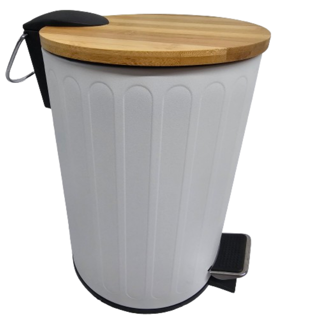 Lixeira Wincy Branca Redonda Frisada 3 Litros Banheiro Cozinha Com Pedal e Tampa Bambu