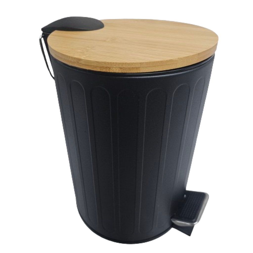Lixeira Wincy Preta Redonda Frisada 3 Litros Cozinha Banheiro Escritório Cesto Com Pedal Tampa Bambu
