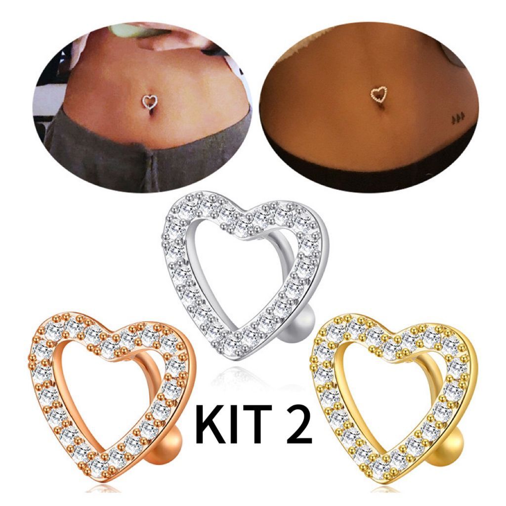 Kit 2 Piercing de umbigo com decoração em coração de zircão em Oferta na Shopee
