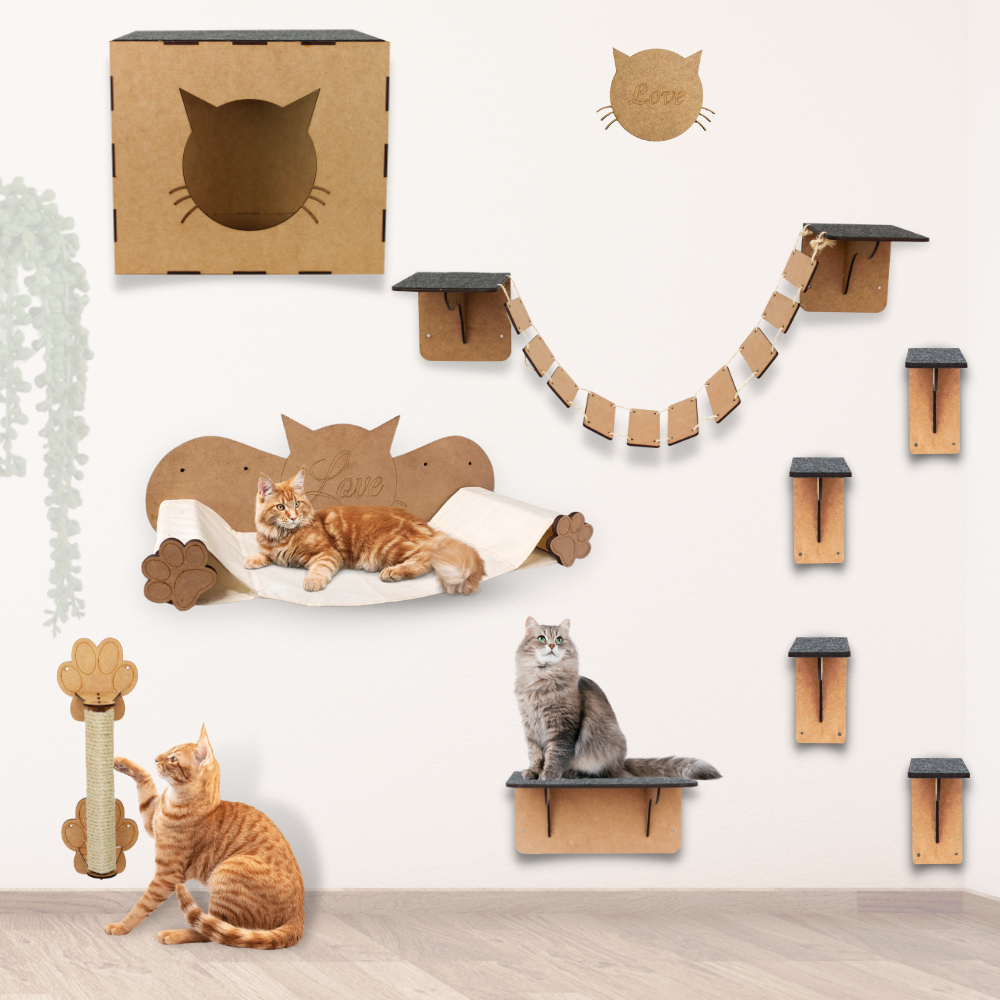 Parquinho de Gatos Kit 9 peças em MDF Nicho Arranhador Rede