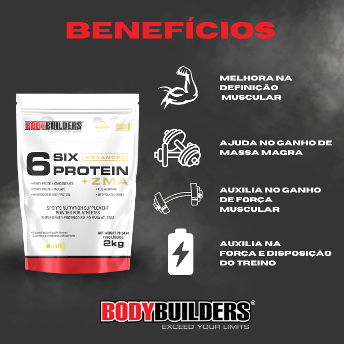 Detalhes do Kit 6 Six Protein Advanced c/ZMA 2kg + Glutamina 100% 300g - Bodybuilders
