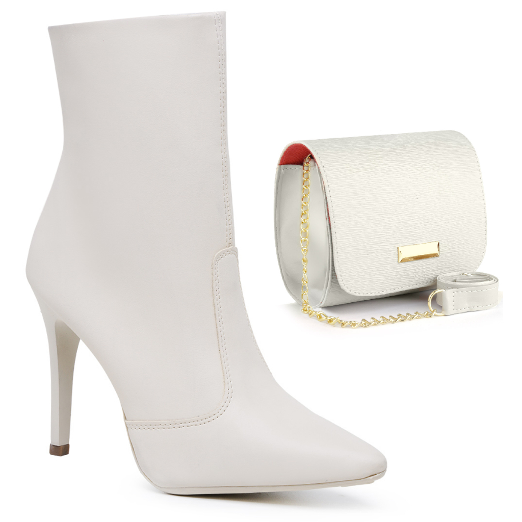 Kit Bota Feminina Cano Médio Salto Alto Bico Fino Elegante + Bolsa Chic OFERTA