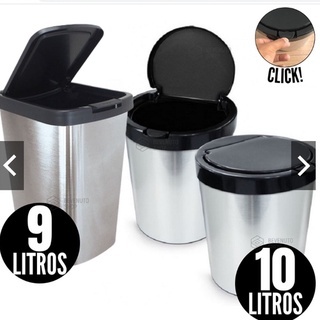 Lixeira Cesto 09 Litros 10 Litros Inox Com Tampa Click Label Banheiro Cozinha Redonda Retangular TOY