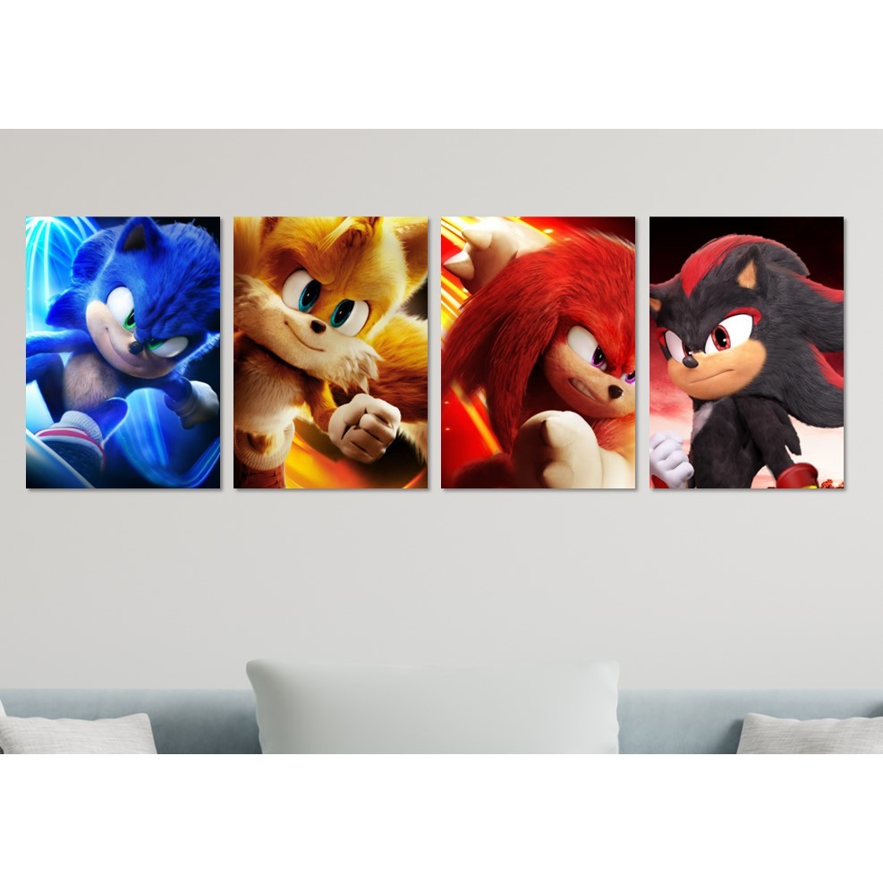 Kit 4 Placas Quadros decorativos Sonic O Filme Tails Knuckles Shadow decoração Sala Quarto