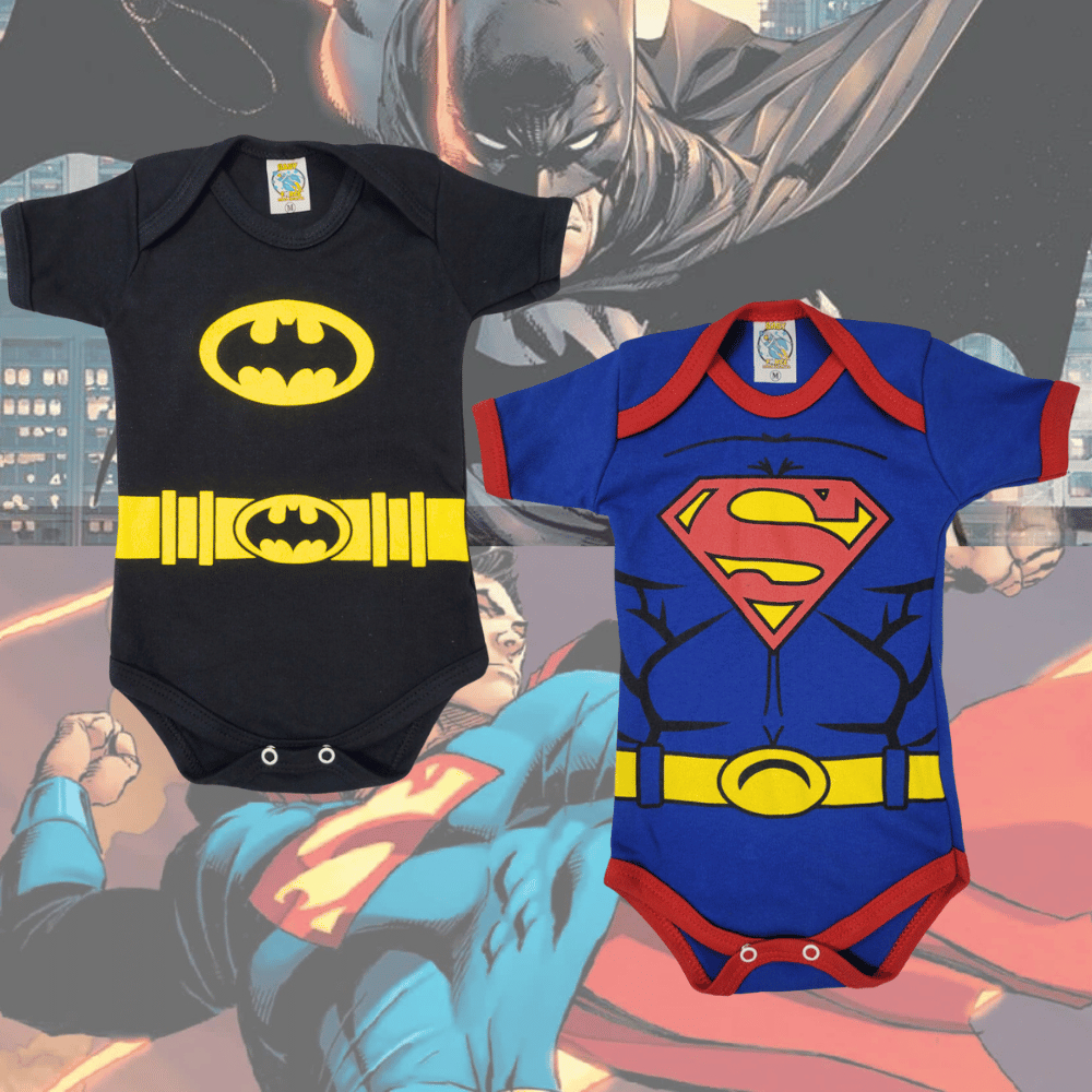 Body Mesversário kit 2 pçs Batman e Superman, bebê e Temático