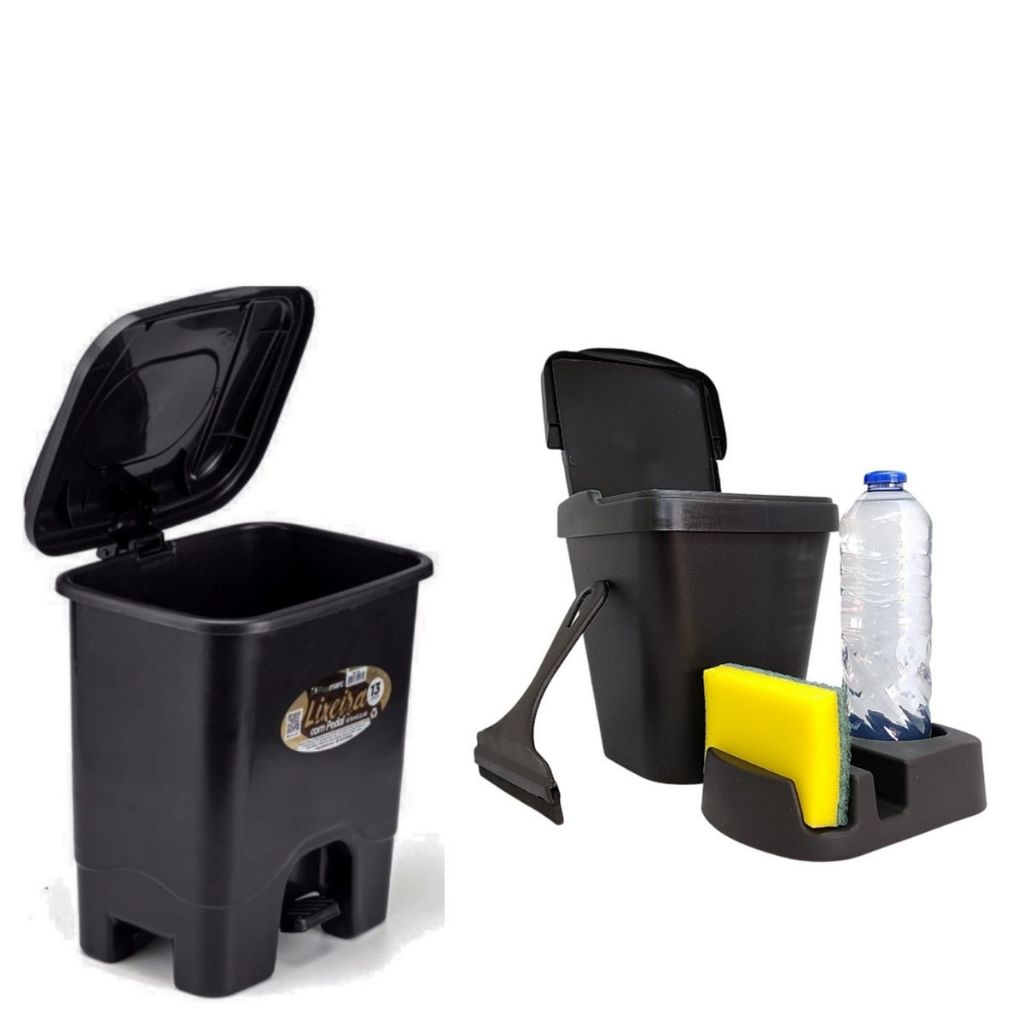 Kit Cozinha 4 Peças Lixeira De Pedal 13 Litros + Lixeira De Pia 5 Litros + Suporte Detergente e Esponja + Rodo de Pia