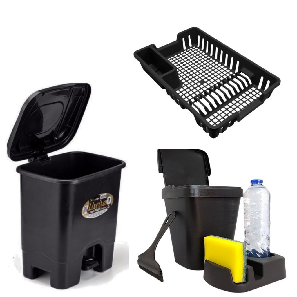 Kit Cozinha 5 Peças Lixeira De Pedal 13 Litros + Lixeira De Pia 5 Litros + Suporte Detergente e Esponja + Rodo de Pia + Escorredor
