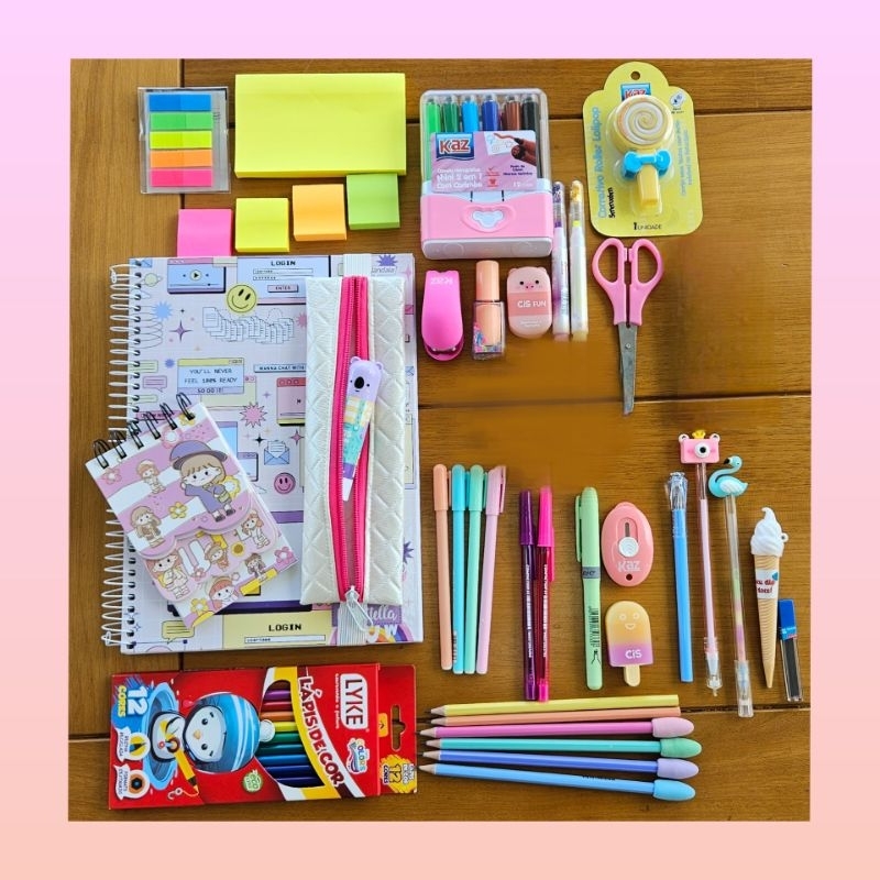 kit papelaria fofa  04, kit volta as aulas, home office , presente fofo, material escolar, kawaii, volta as aulas