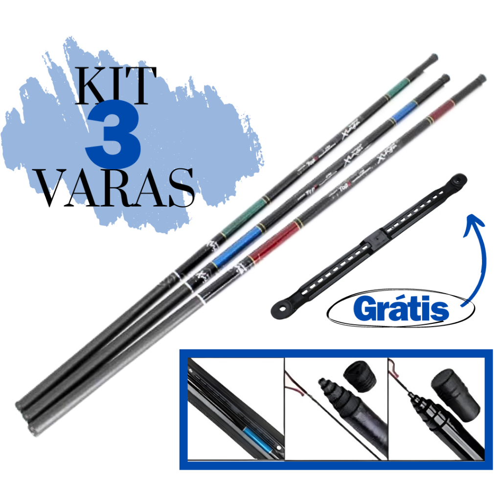 Kit Pesca Tilápia 3 Varas Telescopicas 3,00m + Enrolador de Linha + Capa Gratis Pescaria Completo Barato Caniço de Pesca Fibra de Vidro e Carbono Ultra Leve Pescaria Retratil Promoção Lambari Piau