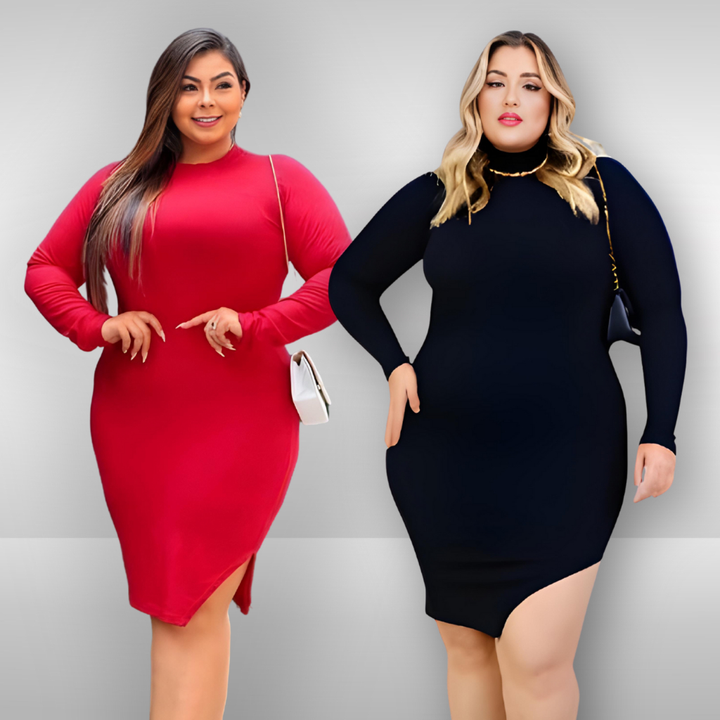 Vestido Plus Size Gola Manga Longa Tubinho Com Lycra Tamanho 44 ao 58