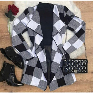Casaco feminino tipo cardigan estampa xadrez, kimono de frio, sobretudo tricô/tricot em Oferta na Shopee