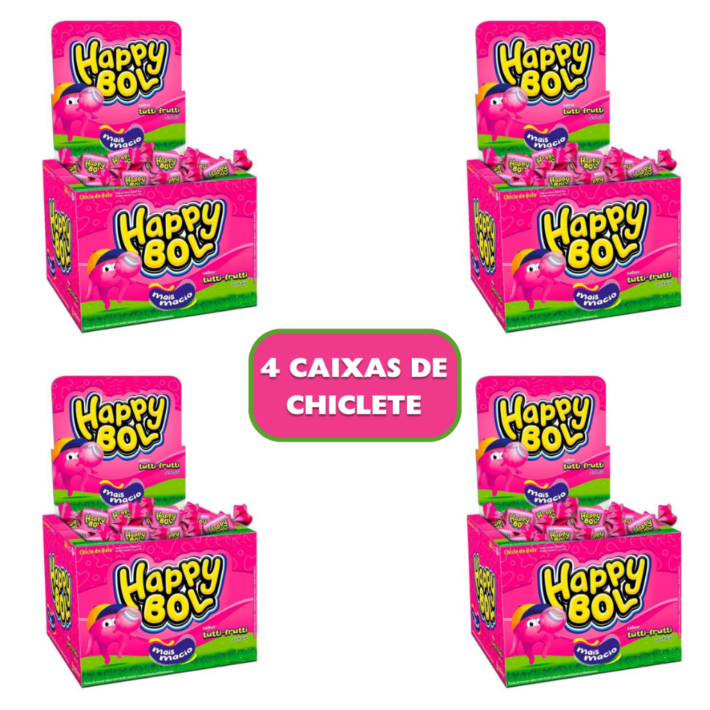 4 Caixas de Chiclete Happy Bol Macio Sabor Tutti-Frutti 184 Chicletes Florestal