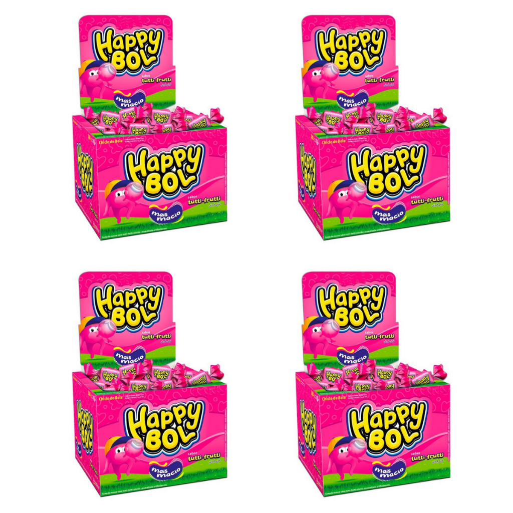 Kit 4 Caixas de Chiclete Happy Bol Macio Sabor Tutti-Frutti 46 Un Cd Caixa Total de 184 Un Florestal