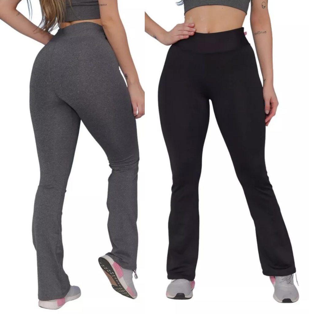 Kit 2 Calça Flare legging Leg Preta e Cinza Cintura Alta Feminina Boca de Sino Academia Feminino Fitness