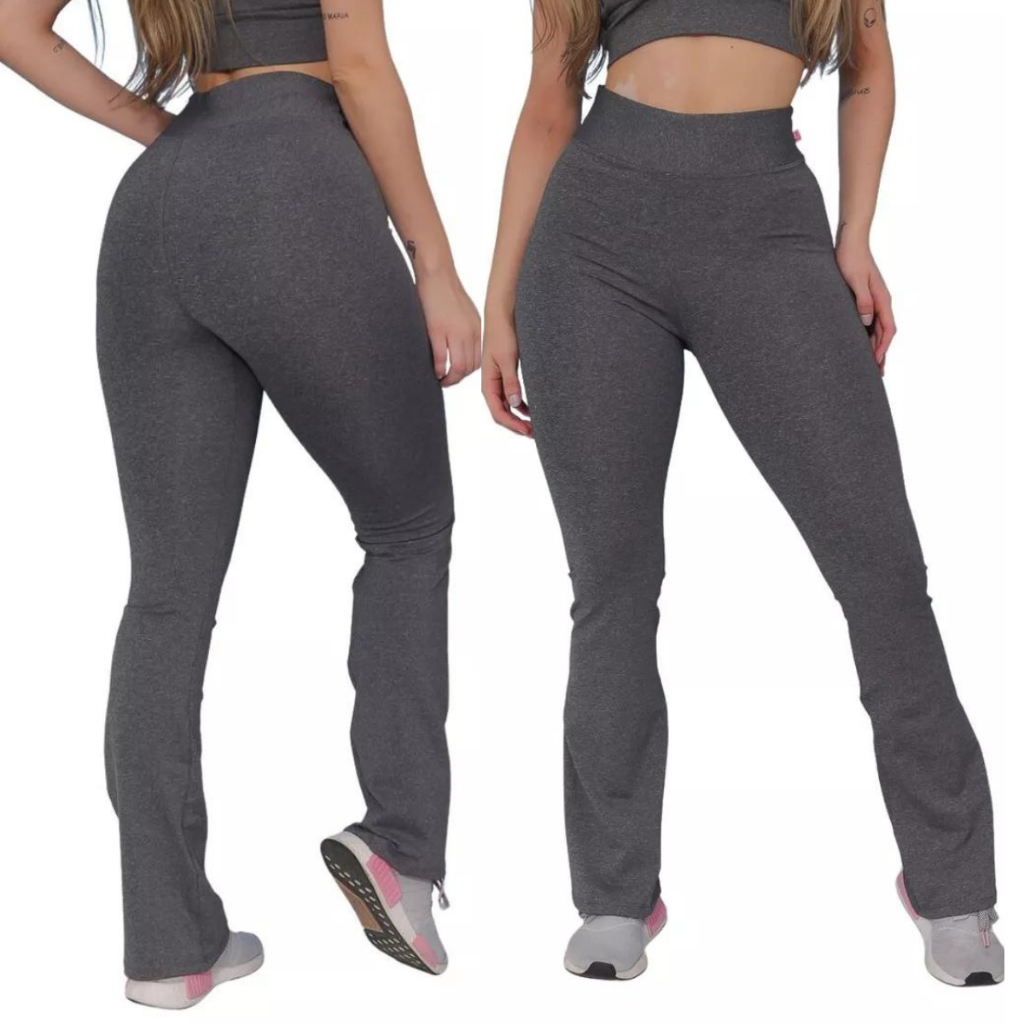 Kit 2 Calça Flare legging Leg Preta e Cinza Cintura Alta Feminina Boca de Sino Academia Feminino Fitness