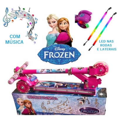 Patinete Infantil Rosa de Ferro + Com Música e Led nas Laterais nas Rodas Menina  Dobrável  Buzina + Surpresa