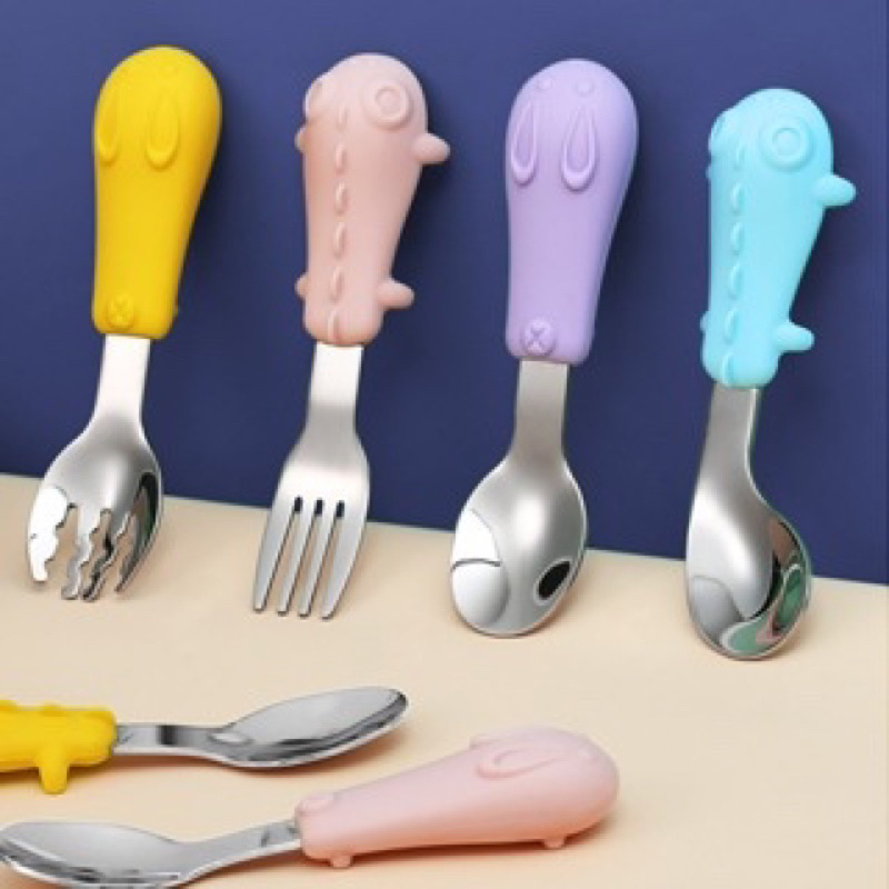 Talher COLHER GARFO Infantil   CABO SILICONE Com  Inox Menina Menino
