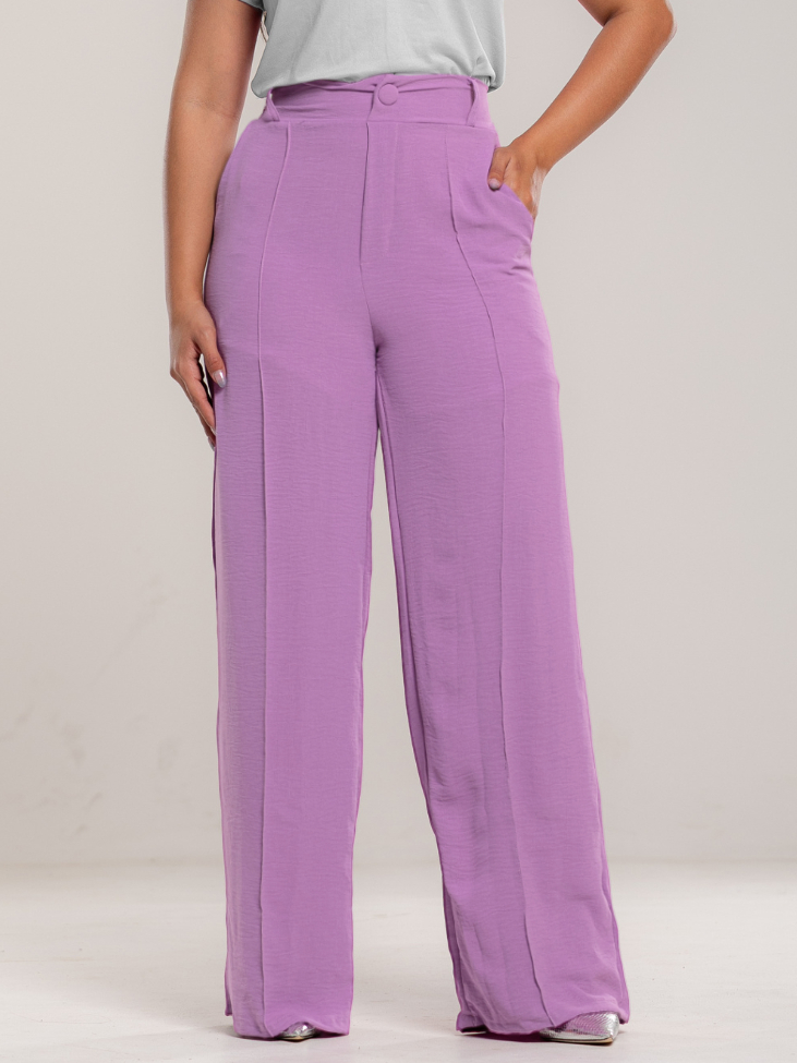 Calça Feminina Pantalona em Duna Way com Forro Botão Cintura Elástica Feminino Wide Leg