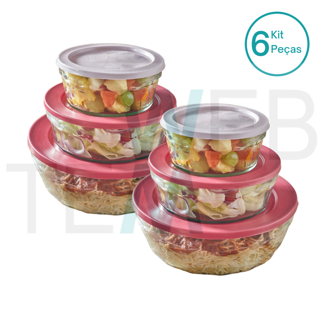 Kit 6 Potes Tigela de Vidro com Tampa Plástica Laguna 750ml, 1,5L e 4L Vitazza: Para Servir, Armazenar Alimentos, Organização de Cozinha e Geladeira, Opção Sustentável