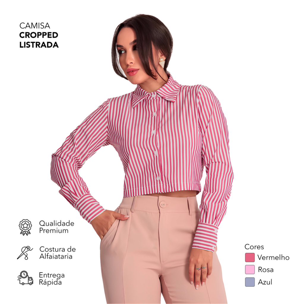 Camisa cropped no tricoline manga longa colarinho de botões em Oferta na Shopee
