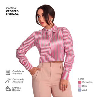 Camisa cropped no tricoline manga longa colarinho de botões em Oferta na Shopee