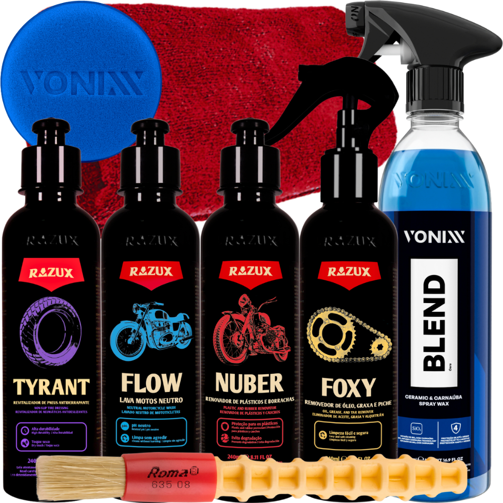 Kit para Lavar Moto Razux Shampoo Flow Tyrant Nuber Foxy Cera Blend Spray Vonixx - Spare Parts and Accessories for Vehicles