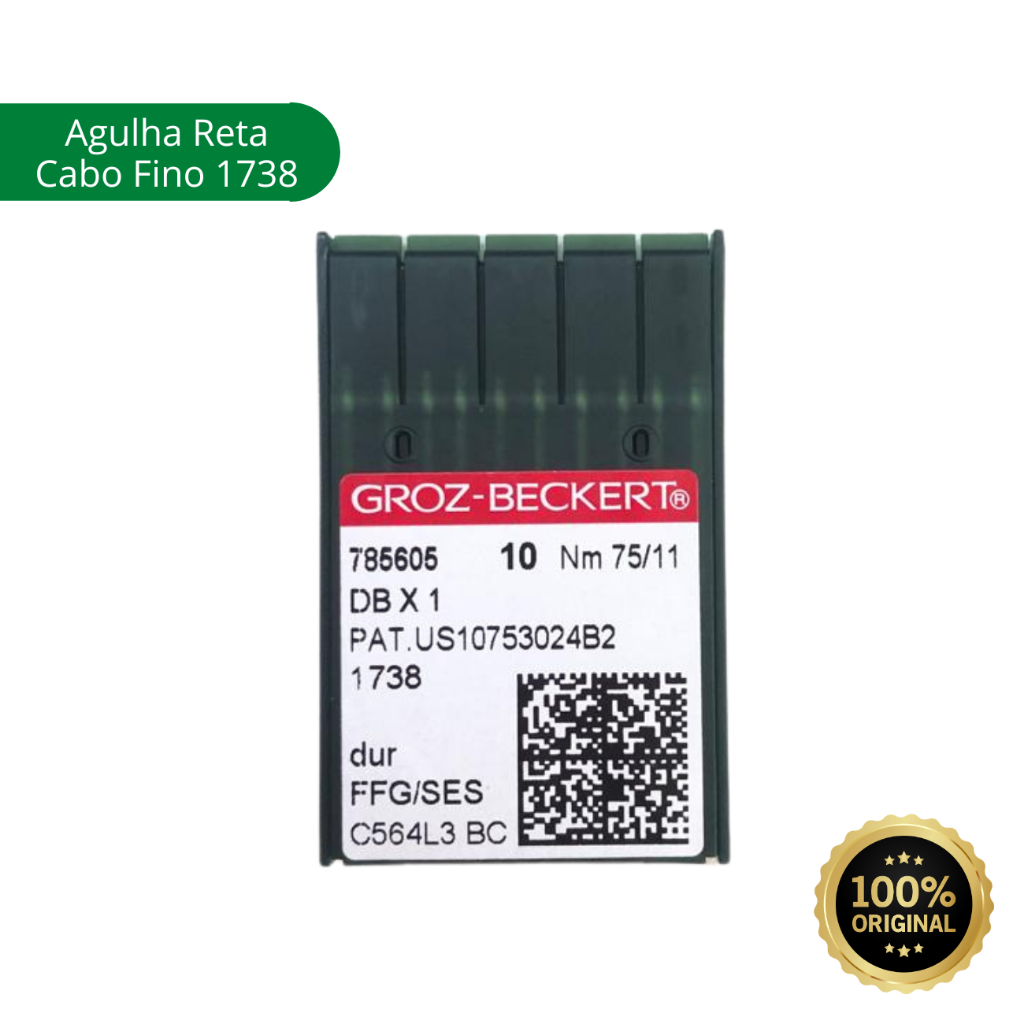 Agulhas Groz-Beckert para máquina de costura Reta Industrial Cabo Fino código 1738 cx com 10 agulhas