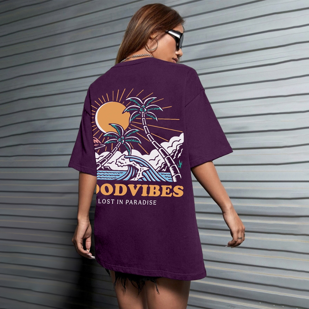 Camiseta Streetwear Unissex Moda Gringa Aesthetic Feminina Estampa Good Vibes Lost In Paradise Prai