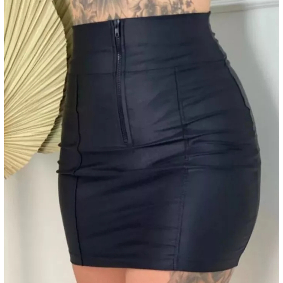 Saia Feminina Curta Cirrê Couro Ecologico Fake Ziper frontal