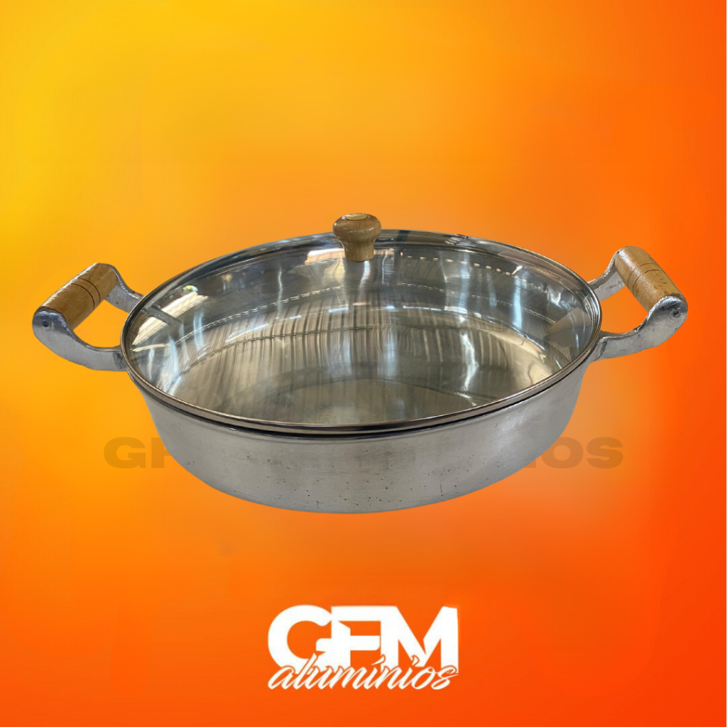 Imagem frigideira grande de alumínio batido fundido numero 30 grande com tampa de vidro ou alumínio Frigideira premium  cozinha