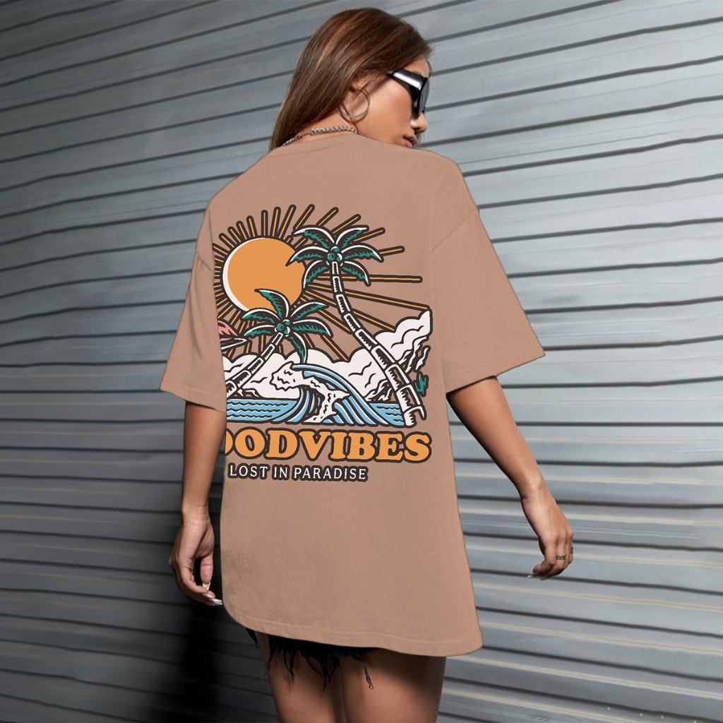 Camiseta Oversized Unissex Academia Aesthetic Feminina Estampa Good Vibes Lost In Paradise Praia So