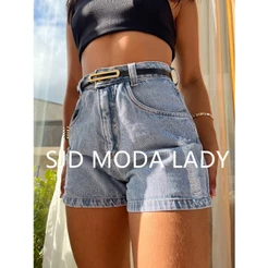 SJD MODA LADY sem cinto shorts jeans bermudas simples detalhes desfiados rasgados SEM CINTO