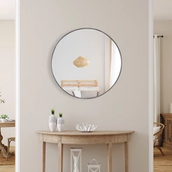 Espelho Redondo 50 cm Couro Suporte Sem Alça Para Banheiro Quarto Sala Decorativo Parede