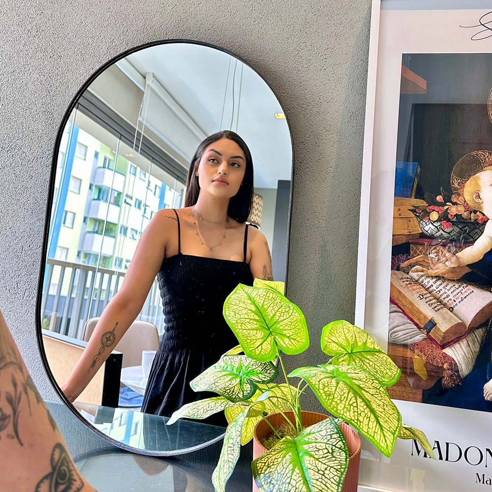 Espelho Cápsula 50x80cm – Design Orgânico com Moldura Preta ou Caramelo em Oferta na Shopee