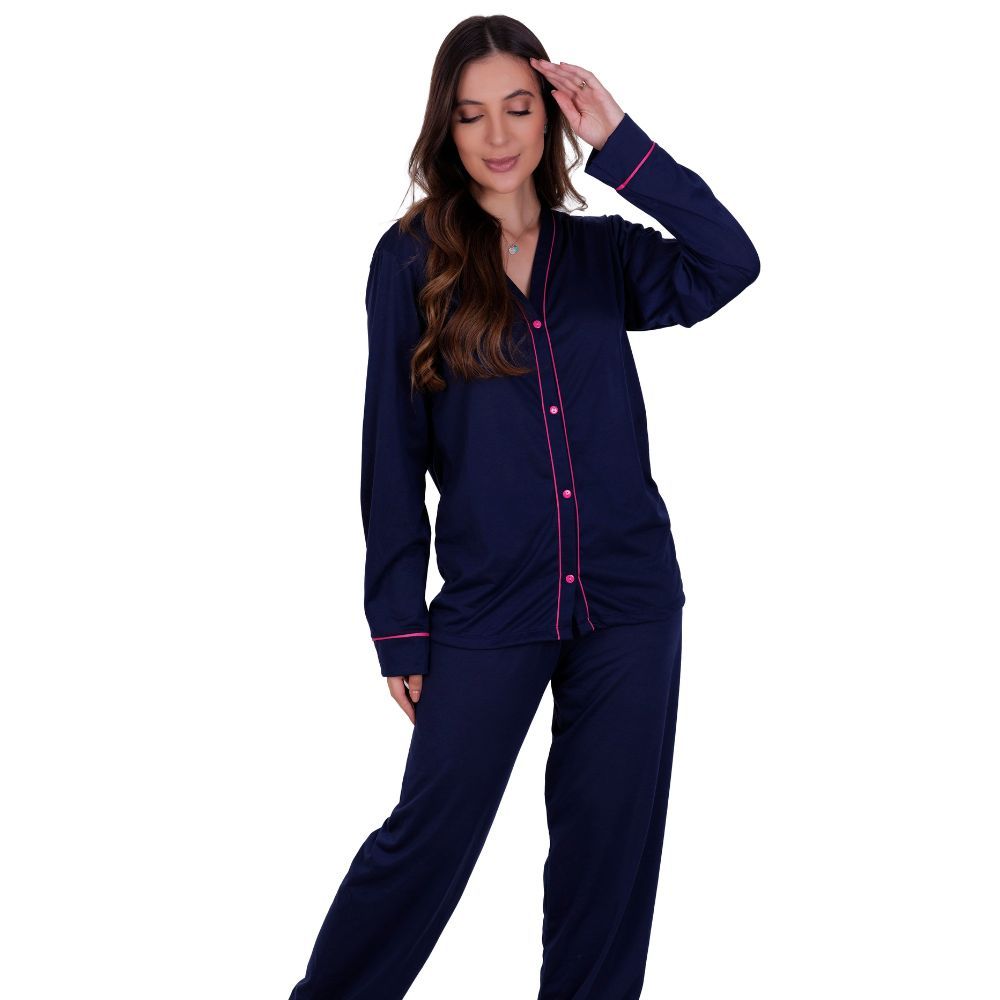 Pijama de Inverno Americano com Botões para Amamentação Manga Longa e Calça Janaina