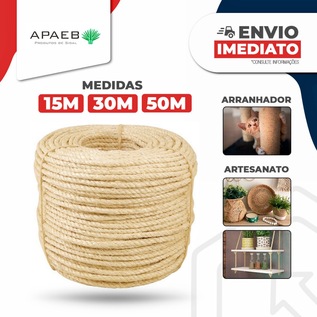 Corda de Sisal Rolo 15 | 30 | 50 metros - 05mm - 06mm - 08mm | Arranhador de gato | Artesanato | Uso Geral