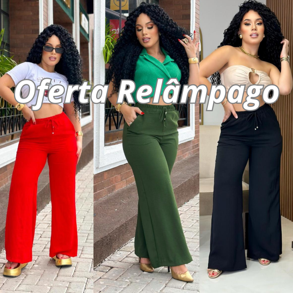 Calça Feminina Pantalona Com Elástico Na Cintura Wide Leg Cintura Alta Duna Tendência Elegante Moda Envio Imediato