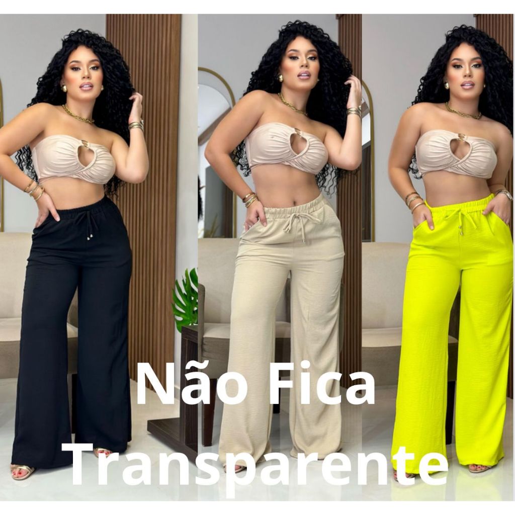 Calça Pantalona Feminina, Wed Leg  Cintura Alta Tecido Duna Com Elástico Na Cintura Bolso Super Confortável E Elegante