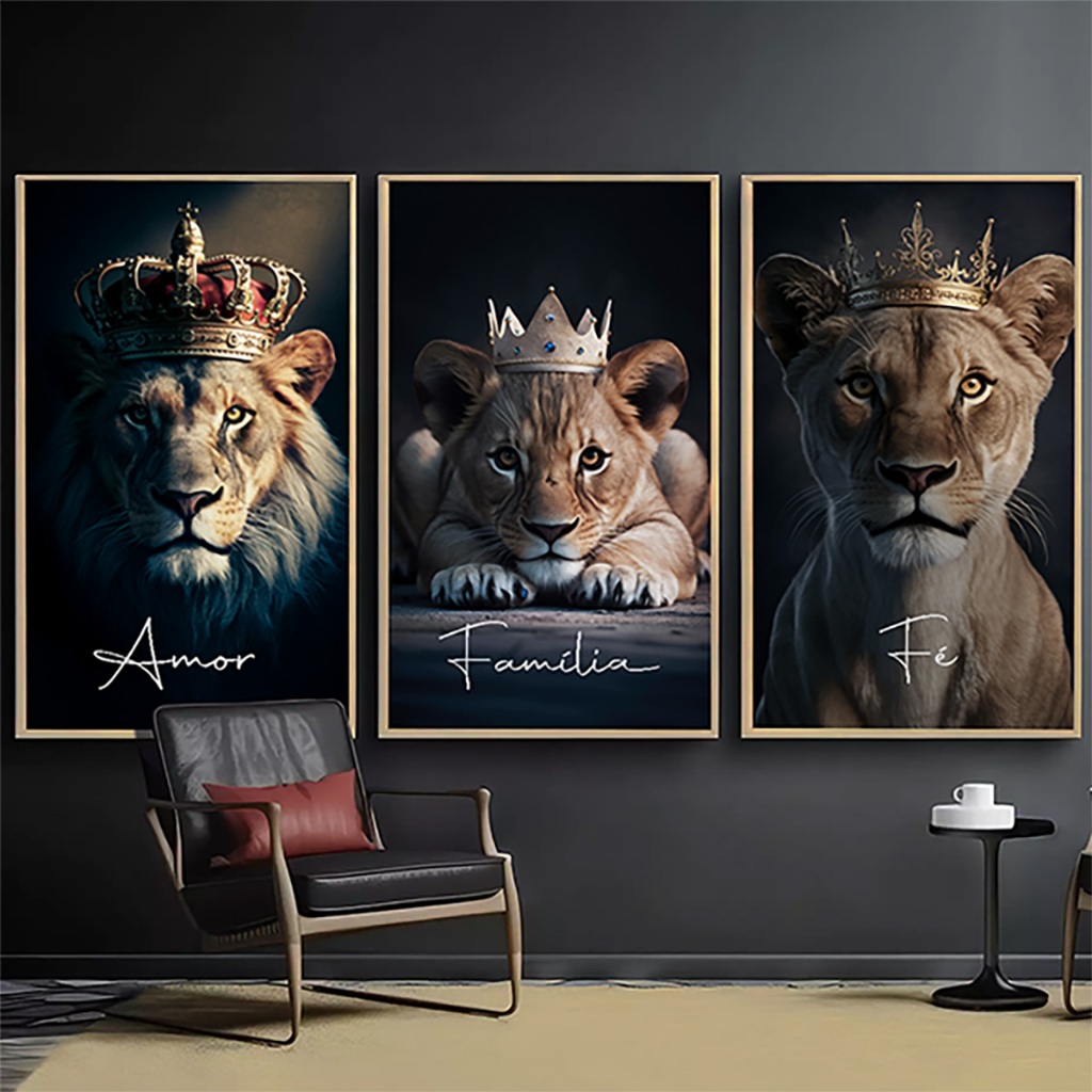 Quadros Decorativos 3 Peças Leão Leoa Filhotes Filho Rei Rainha Mãe Pai Juda Fé Familia Religioso