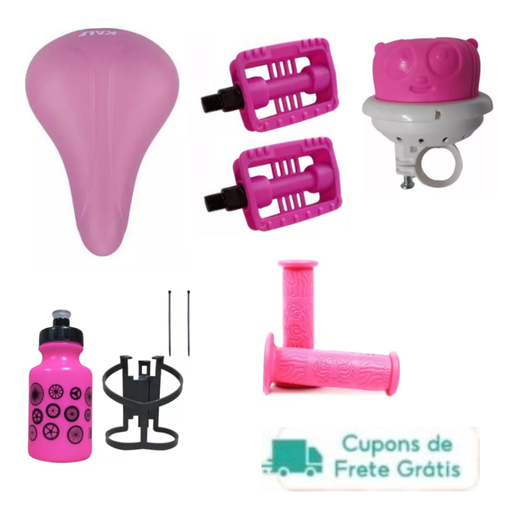 Super Kit infantil Selim Kalf Criança + Pedal Bicicleta Aro 16 Rosca Fina + Garrafa 300ml + Manopla+ Buzina