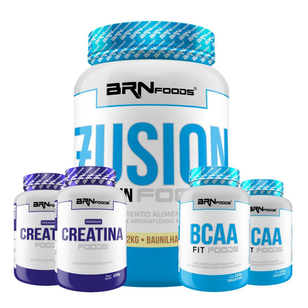 Kit Whey Protein Fusion Protein 2kg + 2x BCAA 100g + 2x Premium Creatina 100g - BRNFOODS em Oferta na Shopee