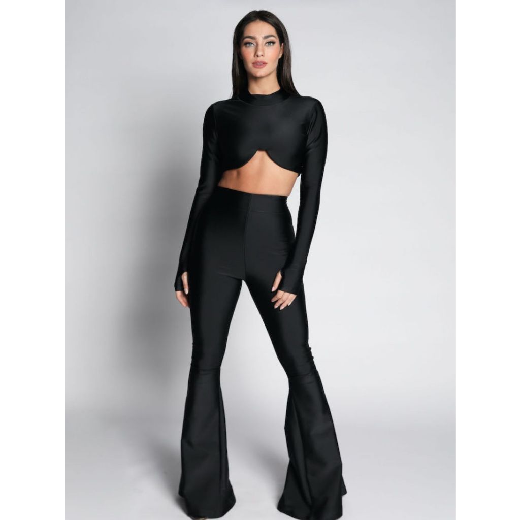 Calça Flare Preta Feminina Poliamida Cós Alto em Oferta na Shopee