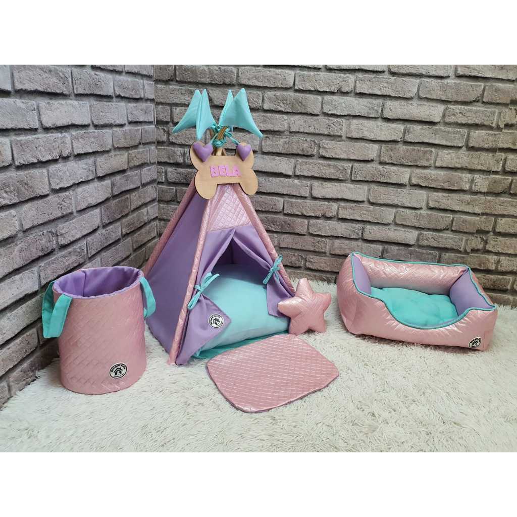 Kit Cabana Cesto Organizador Cachorro Almofada Pet Colchão Cama Quadrada Casinha Toca