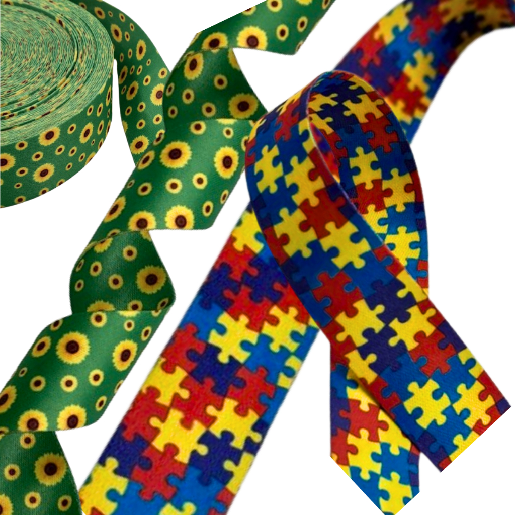 Fita Estampada Gorgorão 20MM Quebra Cabeça Autista Girassol Deficiências não Visíveis  - 5 Metros