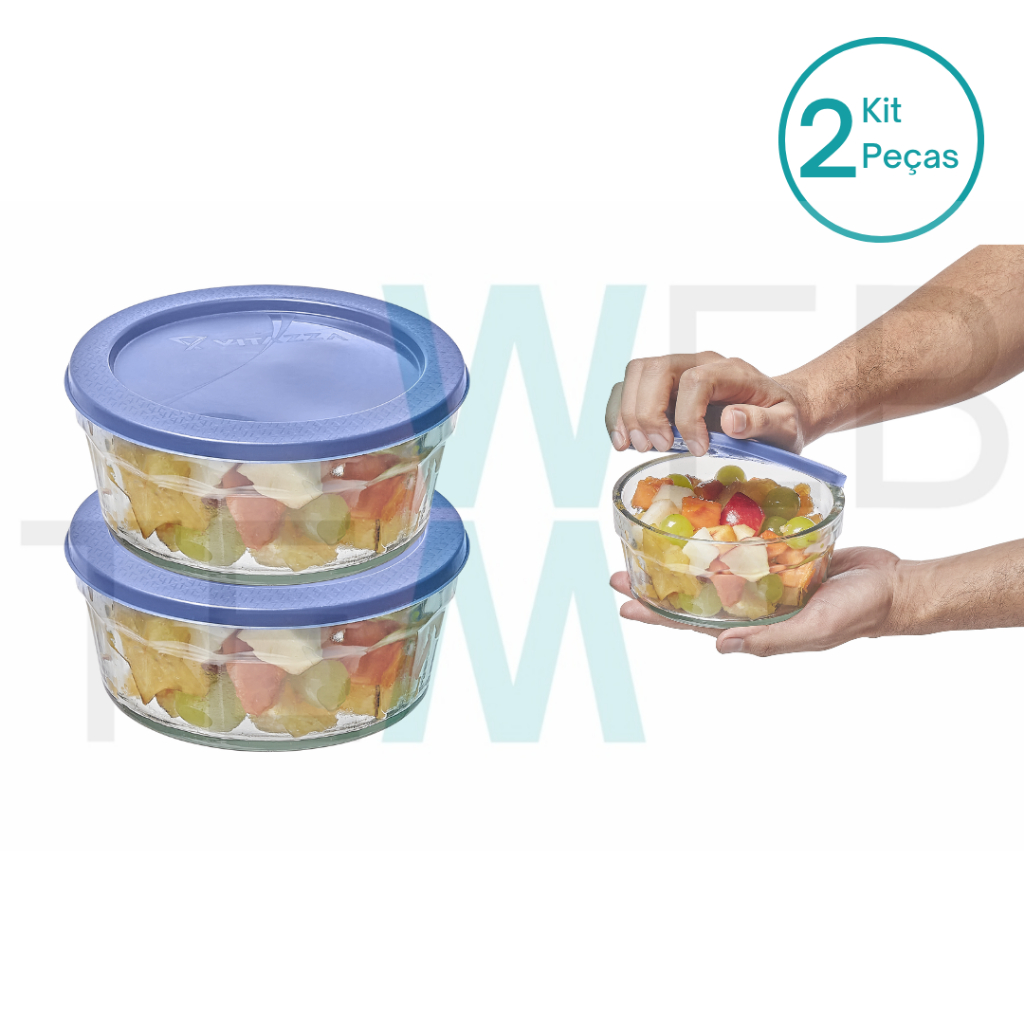 Kit 2 Potes Tigela de Vidro com Tampa Plástica Laguna 750ml Vitazza:Para Servir, Armazenar Alimentos, Organização de Cozinha e Geladeira, Opção Sustentável