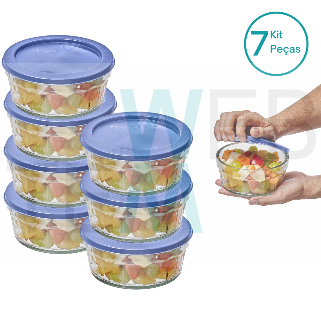 Kit 7 Potes Tigela de Vidro com Tampa Plástica Laguna 750ml Vitazza:Para Servir, Armazenar Alimentos, Organização de Cozinha e Geladeira, Opção Sustentável