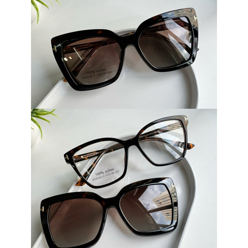 Armação de óculos Clipon 2 Em 1 Armação + Solar Feminino Modelo Novo/ Quadrado Lente Polarizado / Lindooo 9040