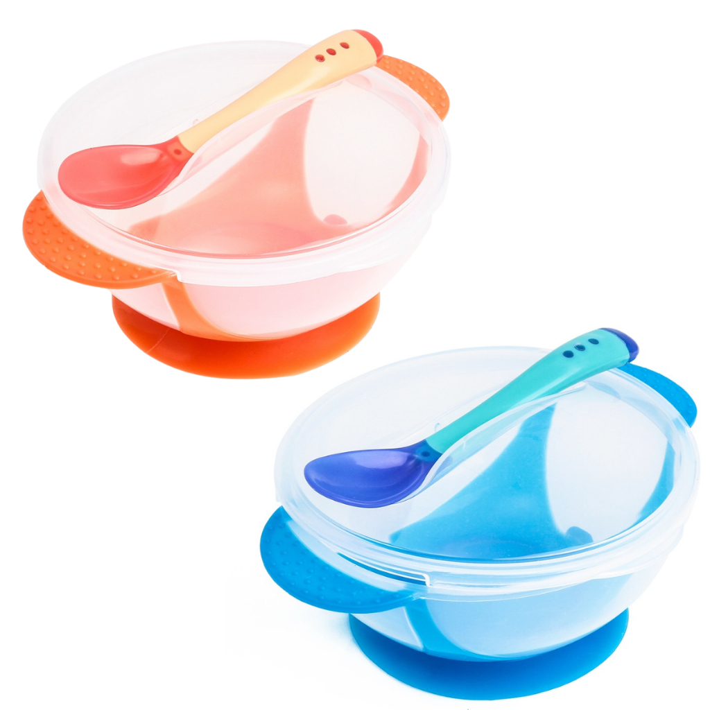 Prato Tigela Infantil Com Ventosa + Colher Silicone Com Tampa Antiderrapante Fixação Mesa
