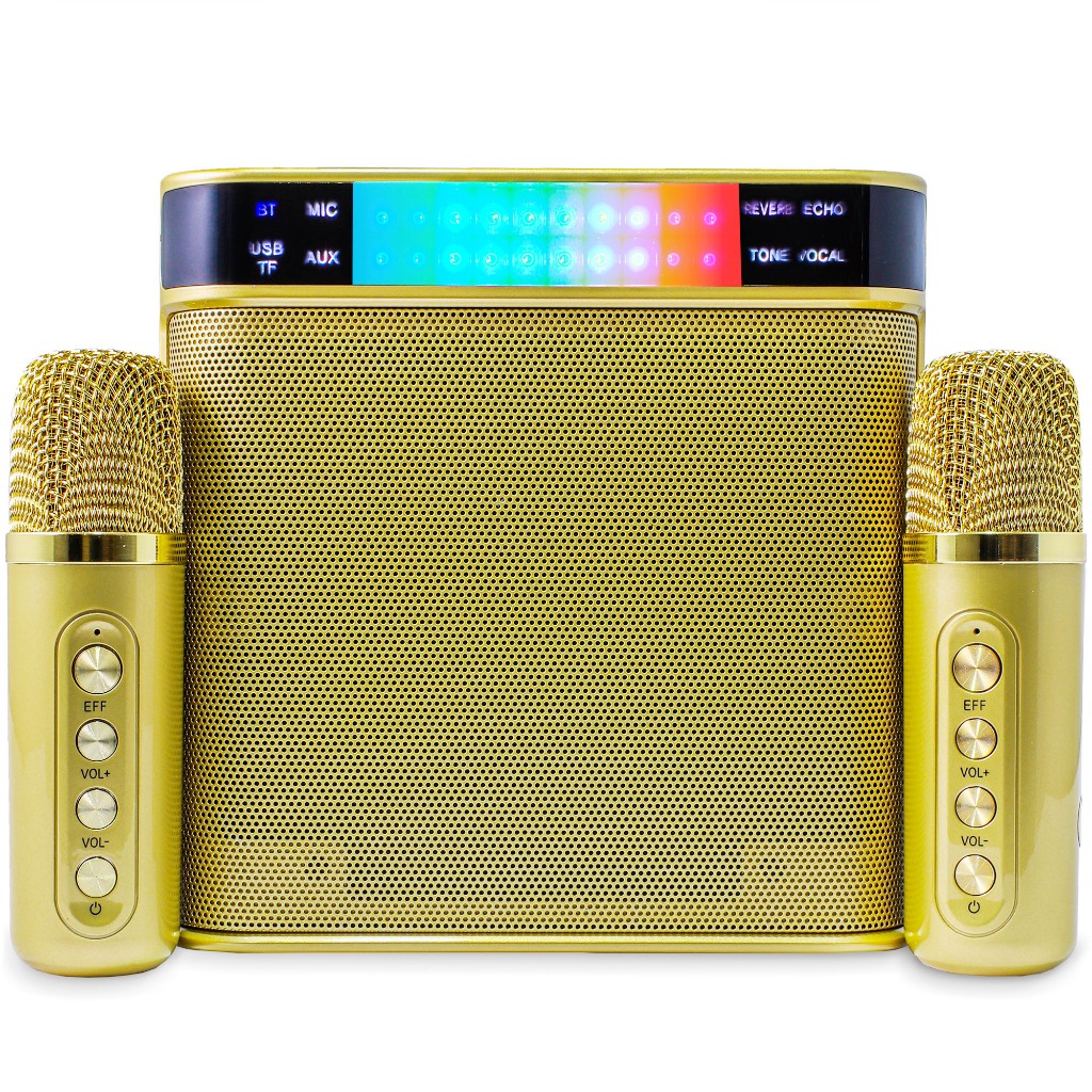 Caixa De Som Portatil Com Microfone Duplo Karaokê Bluetooth Sem Fio Aux P2 USB RGB Note Tablet Celular